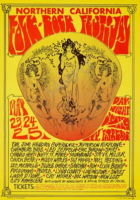 VINTAGE Music POSTER California Folk Rock Festival 1968 Hendrix Led Zep A3 A4 • £5.99