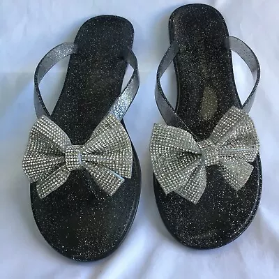 NEW BLACK Beach Retro Flat Jellies Jelly  FLIP FLOP BOW Sandal Women Size 7.5 • $8