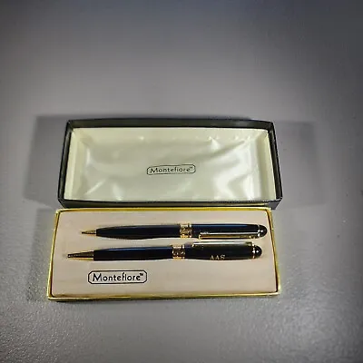 Montefiore Gloss Black & Gold 1 Pen 1 Pencil Set With Original Box Engraved AAS • $9.99