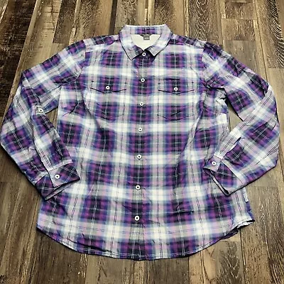 Eddie Bauer Shirt Women's Large Purple Plaid Button Up Light Nylon Collared • $16.87