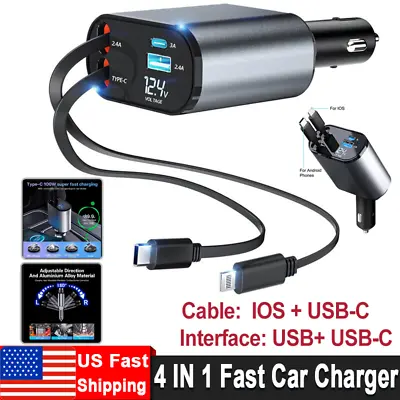 Retractable Car Charger 120W 4 In 1 Car Fast Charger For IPhone Samsung Android • $20.94