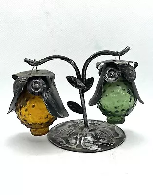 Hobnail Glass Metal Hanging Owls On Tree Stand Salt And Pepper Shakers Vintage • $18