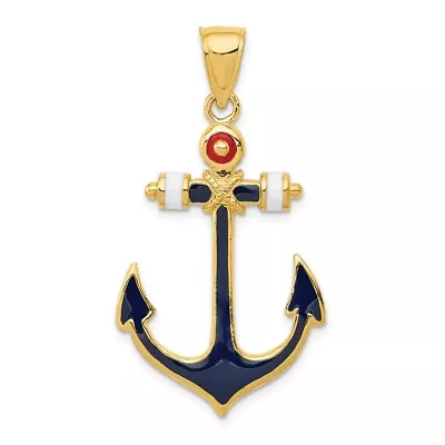 Real 14kt Yellow Gold 2-D Red; White; And Blue Enameled Anchor Pendant • $314.05