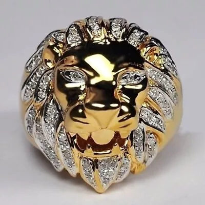 Real Moissanite 1Ct Round Cut Men's Lion Head Pinky Ring 14K Yellow Gold Plated • $131.54