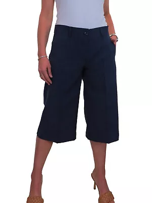 Ladies Smart Soft Culottes 3/4 Cropped Long Tailored Shorts Navy Blue 8-22 • $23.42