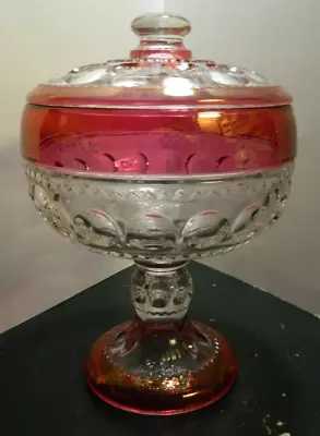 Vintage Ruby/Cranberry Kings Crown Thumbprint Pedestal Covered Compote 10.5  Exc • $29.99