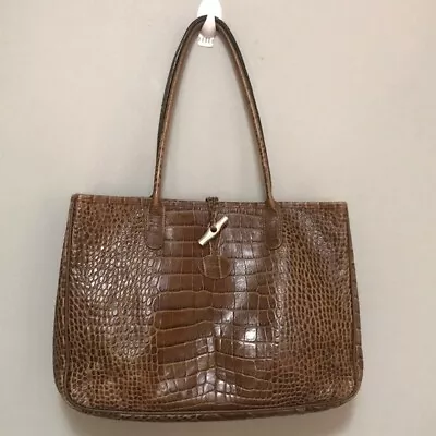 Longchamp Tan Brown Roseau Croc Embossed Leather Toggle Shopper Top Handle Bag • $124.45
