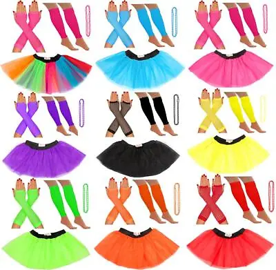 NEON 80s FANCY DRESS TUTU SET GLOVES LEG WARMERS AND BEADS HEN PARTY COSTUME • £7.79