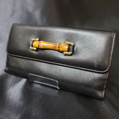 $135 • Buy Authentic GUCCI Vintage Old GUCCI Bamboo Leather Long Wallet Black