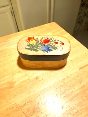 1800s Scandinavian Tina Box With Hand Painted Floral Decoration Staple Construct • $65