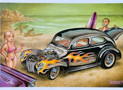 Signed Keith WEESNER Poster Vtg 1940 FORD Sedan Surf Hot Rod Pin-Up Bikini Beach • $35.99
