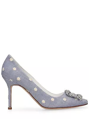 Manolo Blahnik Hangisi Light Blue Canvas 90mm Pumps New SS24 • $869