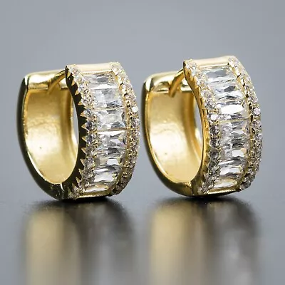 14K Gold Plated Men's Thick 925 Sterling Silver Iced Cz Baguette Hoop Earrings • $31.99