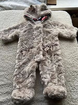 TED BAKER BABY GIRL BEIGE FURRY SNOWSUIT PRAM SUIT WITH OIL PAINTING LINING 0-3m • £12