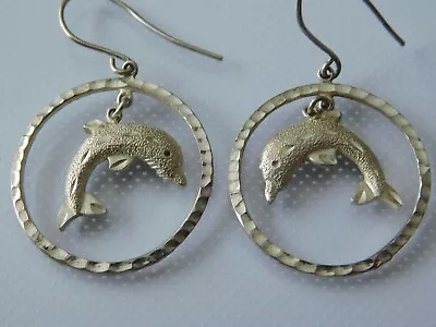 Vintage .925 Silver Dolphins Jumping Through Hoops Hook Earrings Made In India  • $15