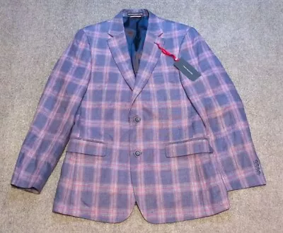 Tommy Hilfiger Blazer Mens 38 Blue Pink Plaid Linen Sport Coat Jacket Regular • $64.99