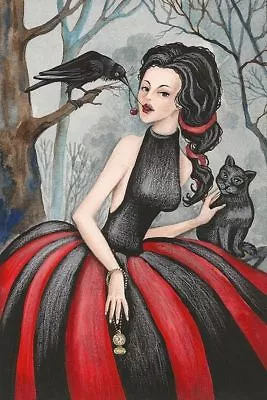 4x6 PRINT OF PAINTING CROW RYTA BLACK CAT WITCH HALLOWEEN Steampunk Creepy Art • $9.49