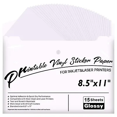 $15.89 • Buy Printable Vinyl For Inkjet & Laser Printer - 15 Pack 8.5 X11  Paper Glossy White