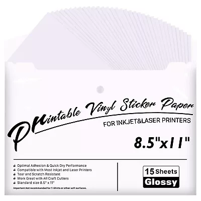 $15.89 • Buy Printable Vinyl For Inkjet & Laser Printer - 15 Pack 8.5 X11  Paper Glossy White