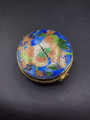 Vintage Cloisonne Butterfly Trinket Box Enamel Blue & Gold Round Hinged Case • $30