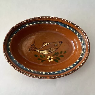 Vintage Mexican Red Ware Oval Serving Bowl Terracotta Folk Art Fish  11.25  • $8.40