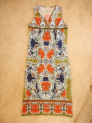 Dress Short Sleeve Slits Green Orange Pattern Gold Zipper Sz XL Womens Polyester • $16.24