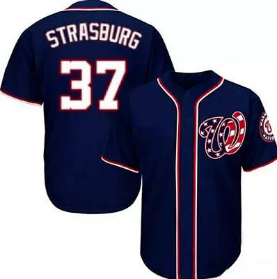 Men's Stephen Strasburg 37 Washingt0n Nationals Navy Printed Baseball Jersey • $31.99