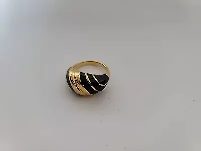 Vintage Avon Gold Tone Black Enamel Dome Ribbed Design Fashion Ring Size 8 • $12