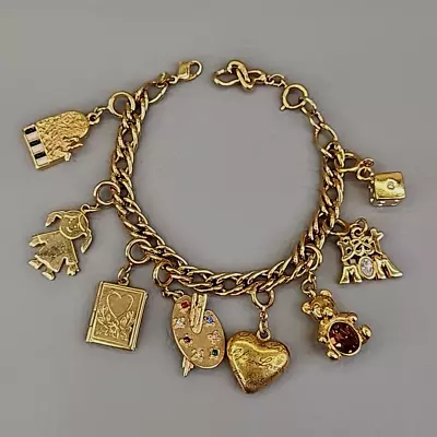 Monet Charm Bracelet Vtg 8 Dangles Best Mom Art Music Heart Dice Gold Tone 7.5  • $59.99