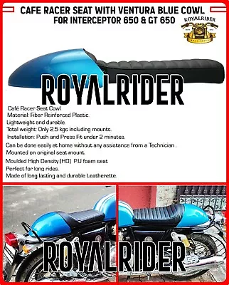  CAFE RACER SEAT WITH VENTURA BLUE COWL  For Royal Enfield Interceptor & GT 650 • $438.89