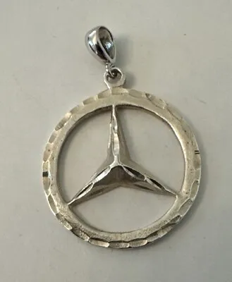 14K White Gold Diamond Cut Round Mercedes Pendant Charm 1” 2.7g • $200