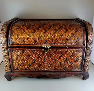 Vintage Hinged Wood Wicker Rattan Woven Storage Chest Trunk • $59