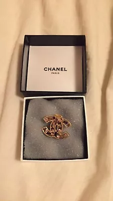 CHANEL CC COCO Logo Brooch Gold Crystal Rhinestone Authentic W/Box RARE • $435