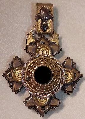 Vintage Baroque Maltese Cross Pendant Brass Tone Tiered Black Glass Fleur De Lis • $29.95