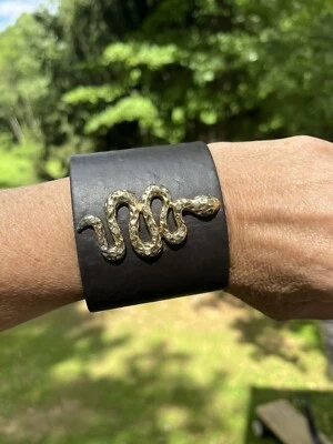 $20 • Buy LEATHER CUFF  BRACELET WITH SNAKE  BLACK By Eva Jeanbart LoRenzotti V Collection