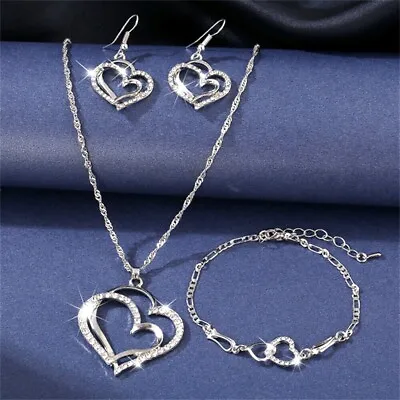 £4.99 • Buy Silver Gold Crystal Rhinestone Necklace Bracelet Pendant And Heart Earring Set