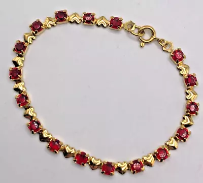 Vintage Gold Tone Heart & Red Gem Tennis Bracelet • $9.99