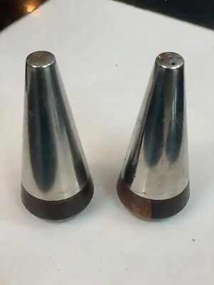 MCM Danish Modern Salt & Pepper Shakers Teak Wood & Stainless Steel 4  Tall • $15