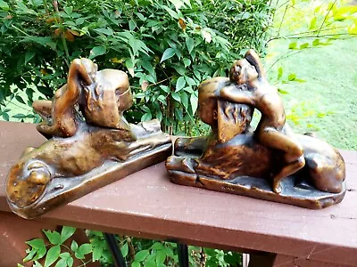 Egyptian Revival Nude Lady &  Sphinx  Metal Bookends • $150