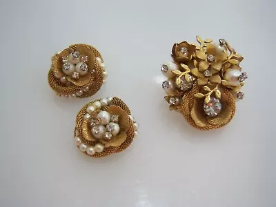 VTG MIRIAM HASKELL BROOCH EARRINGS SET Baroque Pearl Cluster Gold Rope Unsigned • $185