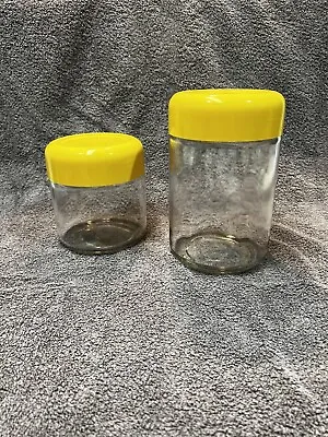 2 Vintage Heller Designs Massimo Vignelli Glass Canisters W/ Yellow Plastic Lids • $48