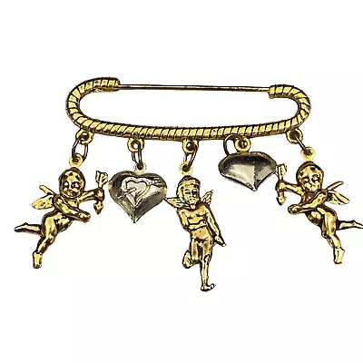 Vintage Safety Pin Brooch Scarf Clip Two Tone Cherubs Hearts Charms 2.5  Long • $9.99