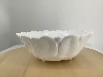VINTAGE LARGE WHITE MILK GLASS SERVING  FRUIT BOWL With Feet • $12