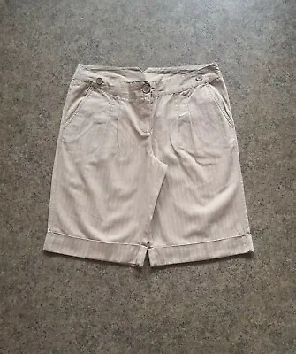 Beige Stripe Thick Cotton Safari Style Turn Up Shorts | Papaya | Size 12 • £7.95