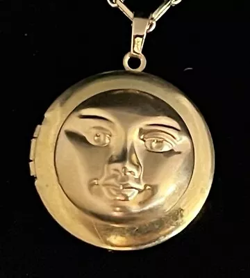 Man In The Moon Locket Necklace Large Brass Pendant Celestial Lunar Centerpiece • $24