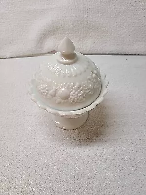 Vintage Westmoreland Milk Glass Covered Candy Dish With Grapes & Fruits Pattern • $14.69