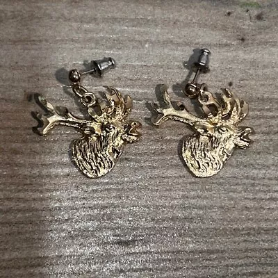 Moose/Deer Dangling Earrings Hand Carved Surgical Steel Post Gold Tone • $18