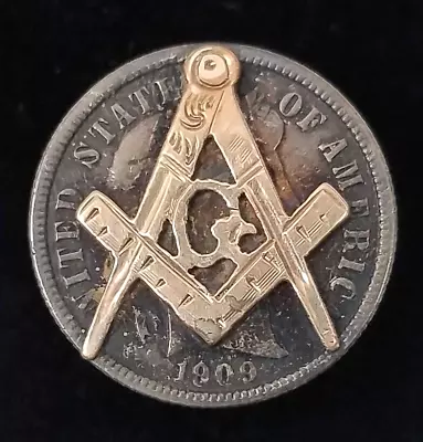 Antique SOLID 10K GOLD 90% Silver C. 1909 US Dime Freemason Compass Tie Tack Pin • $5.50