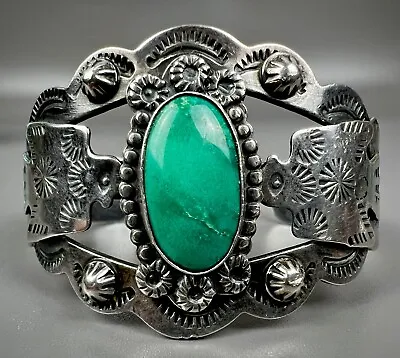 Large Vintage Navajo Harvey Era Silver Thunderbird Turquoise Cuff Bracelet • $295