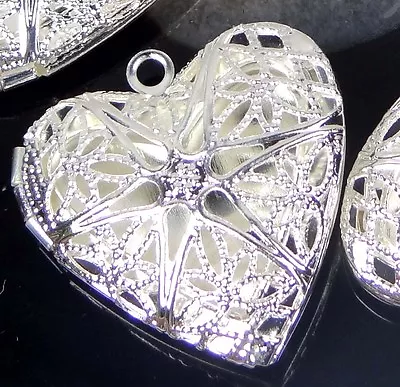 4 Silver Plated Filigree Hollow Locket Heart Pendants 26mm • $5.99